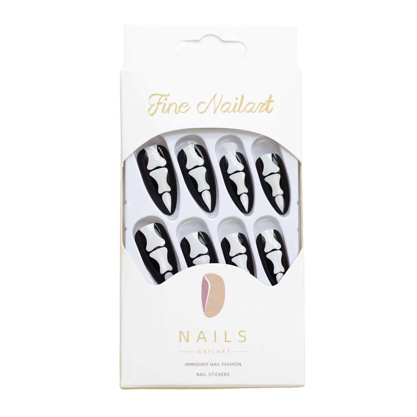 Halloween Press on Nails Medium Almond Fake Nails Horror Finger Bone Designs Acrylic Nails Black False Nails Press ons Glossy Glue on Nails Full Cover Stick on Nails for Women Girls 24Pcs