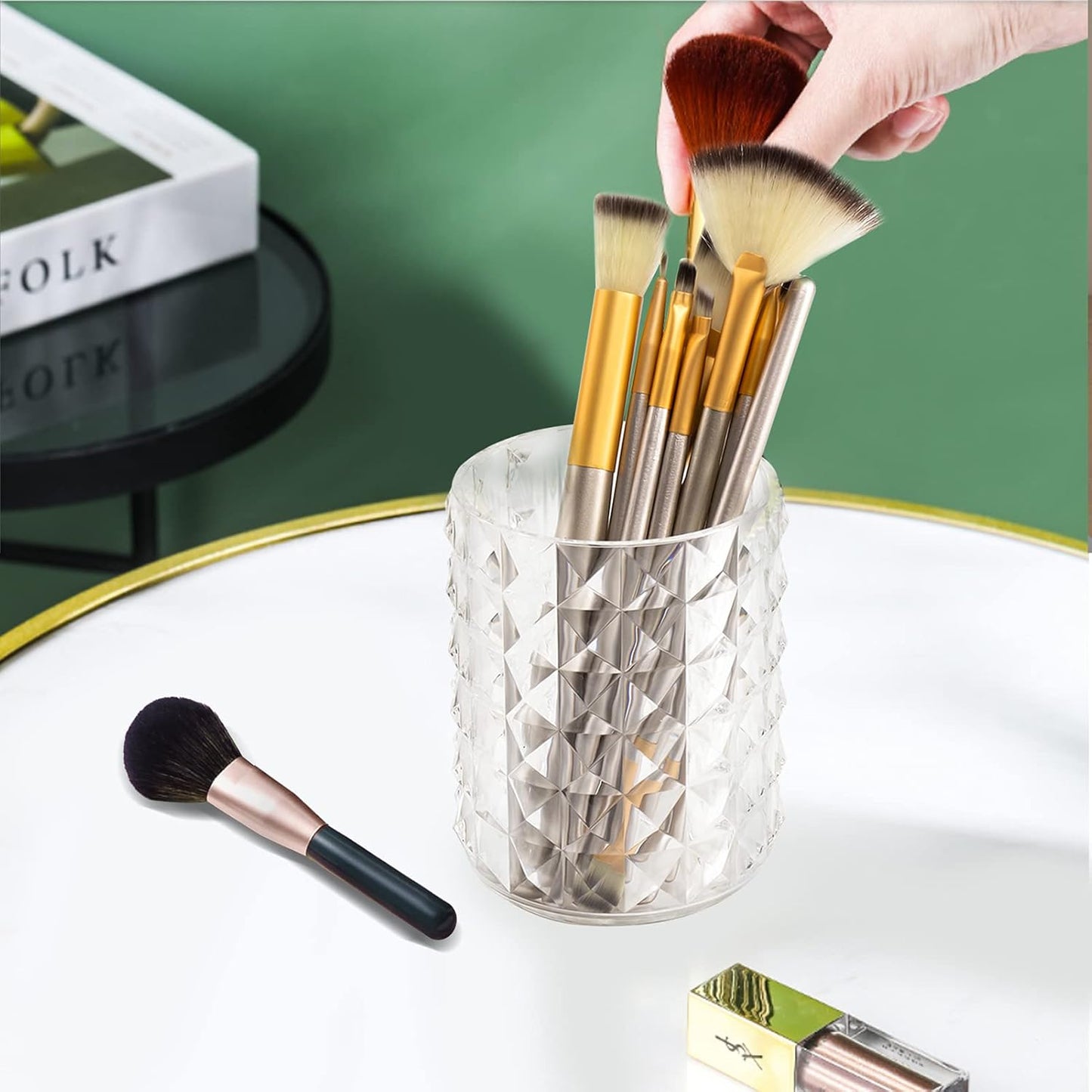 Acrylic Makeup Brush Holder Organizer, Clear Pencil Pen Holder, Crystal Cosmetics Brushes Cup Storage Solution, Round