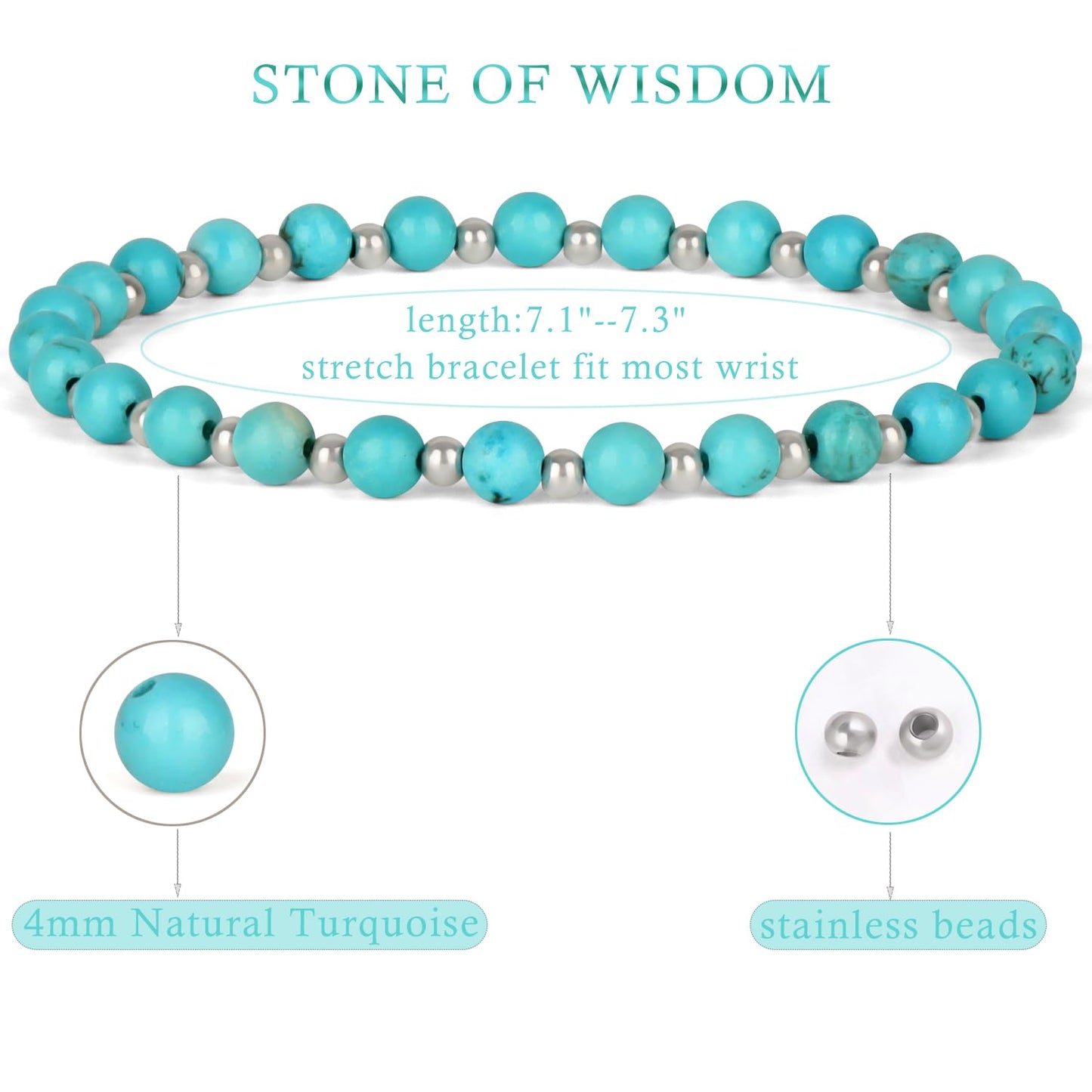 QOGIR Blue Turquoise - Stone of Wisdom - Stainless Silver Beads Natural Gemstone Stretch Elastic Dainty Healing Beaded Bracelets Gifts 4mm