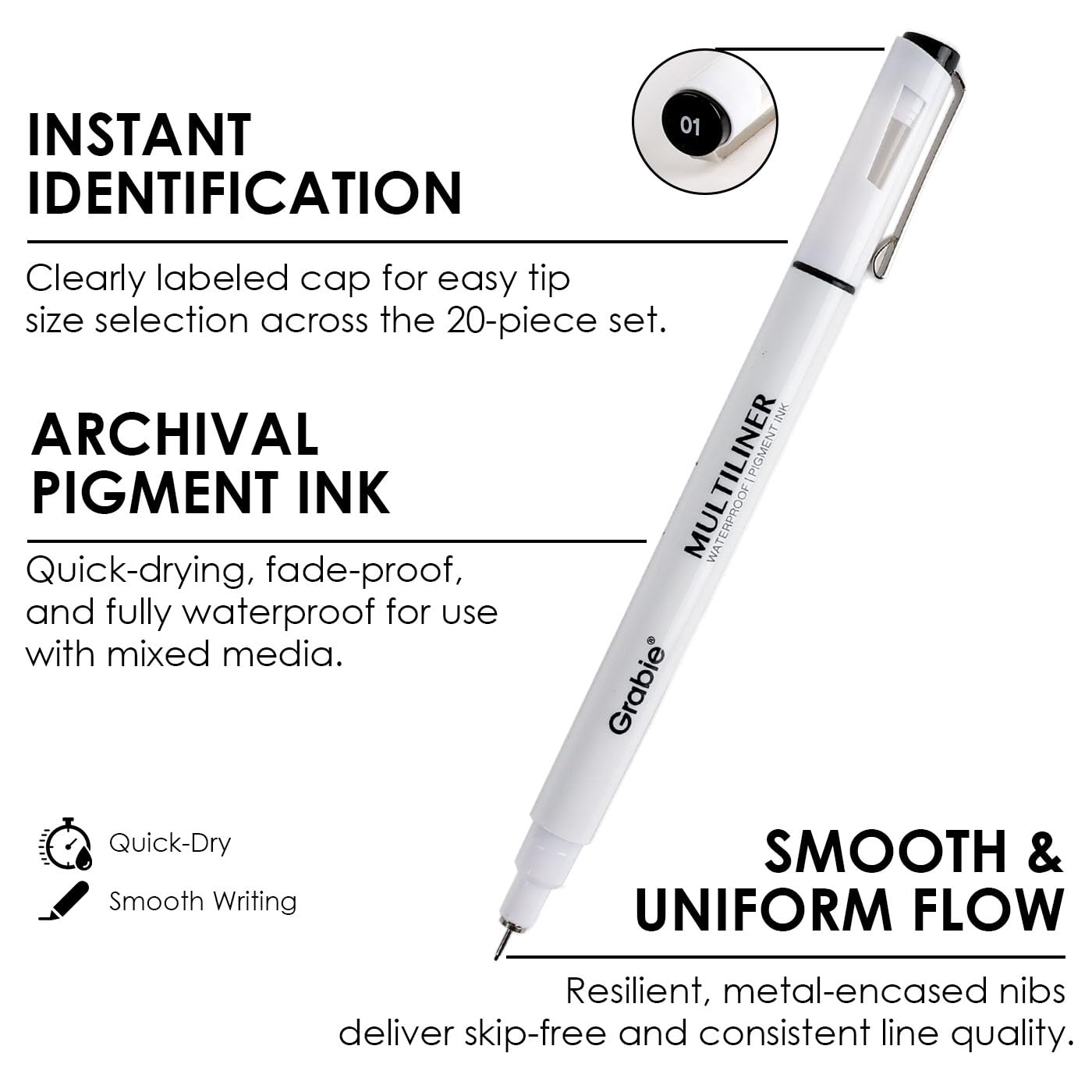 Grabie Micro Finerliner Pens, 6 Archival Black Ink Waterproof Drawing Pens, Assorted Point Sizes for Sketching, Illustration, Journaling, Art Supplies