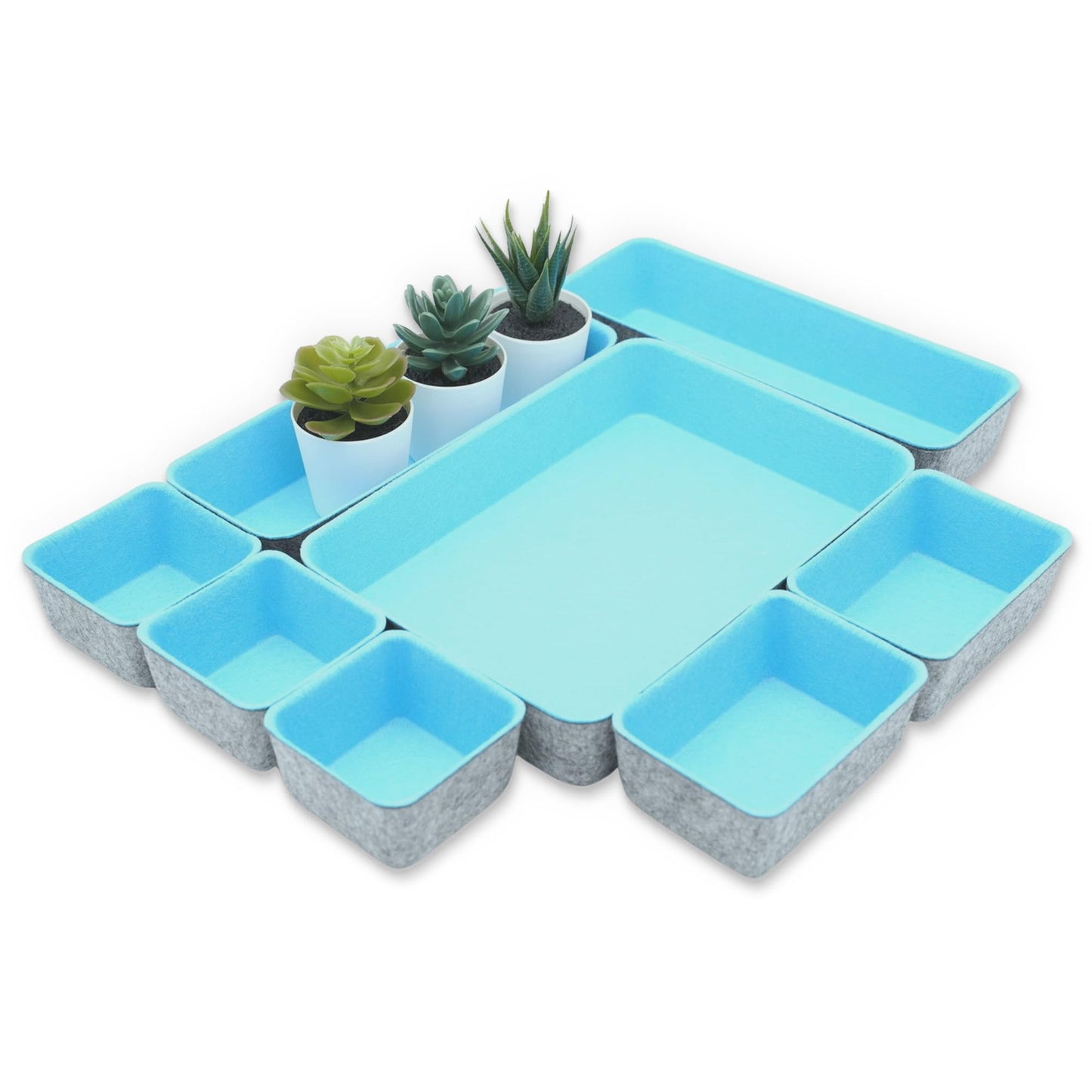Welaxy Drawer organizers bins dividers storage trays shallow organizing box for office supplies makeup nightstand catchall key holder cozy room decor 8-piece (Baby blue)