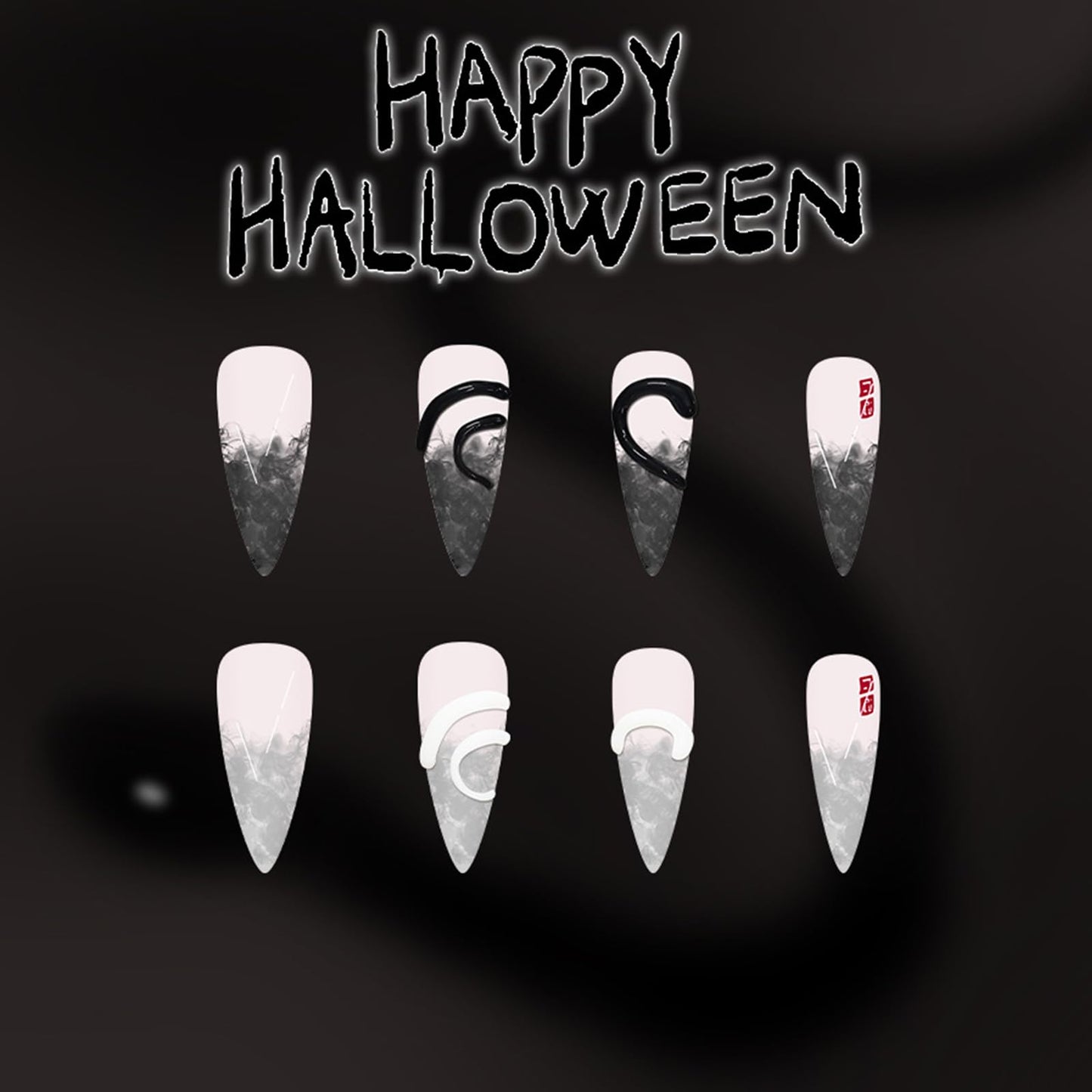 GCSQW Press on Nails Long Stiletto Fake Nails with 3D Snake Designs Halloween Glue on Nails Black Gradient Glossy Acrylic Nails Almond False Nails Stick on Nails for Women 24Pcs