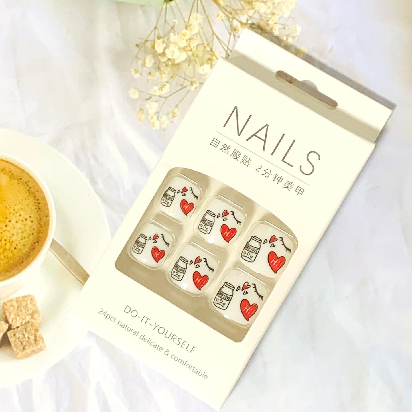 Artificial Acrylic Fake Nails for Toe, Press on Toenails Coffin with Heart Designs, Full Cover Reusable False Toenails with Glue, Glue on Toenails with Charm, Stick on Toe Nails for Women（F105）