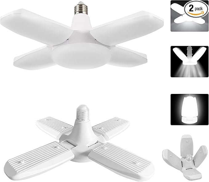 YWD LED Garage Lights 2Pack, 60W Deformable Led Ceiling Lighting 6000LM E26/E27 Daylight 6500K Super Bright Light Adjustable for Workbench, Barn, Warehouse