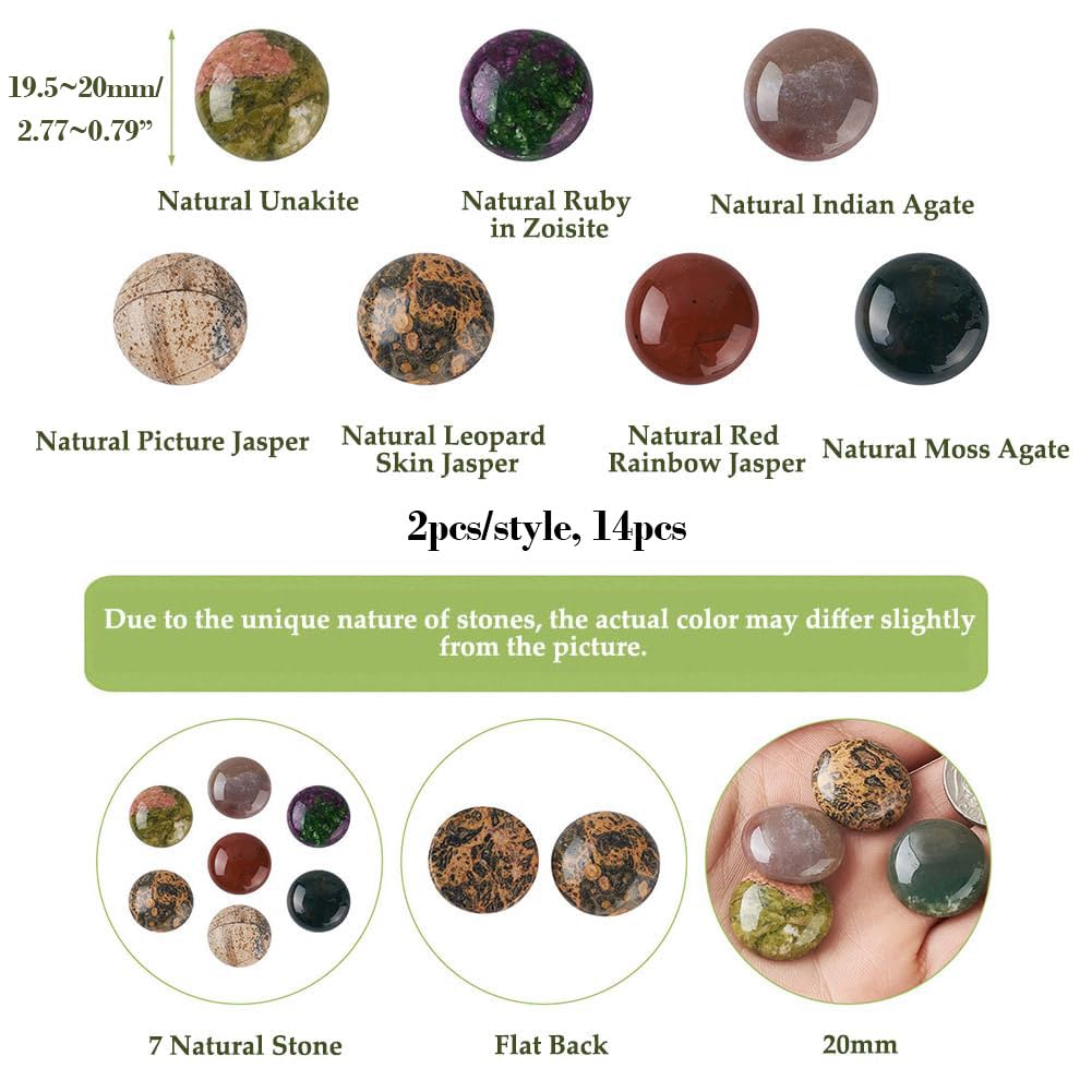 Fashewelry 14pcs 20mm Mixed Natural Round Stone Cabochons Flatback Gemstone Dome Cabs for Blank Bezel Pendant Tray, Wire Wrapping Necklace Bracelet Jewelry Making