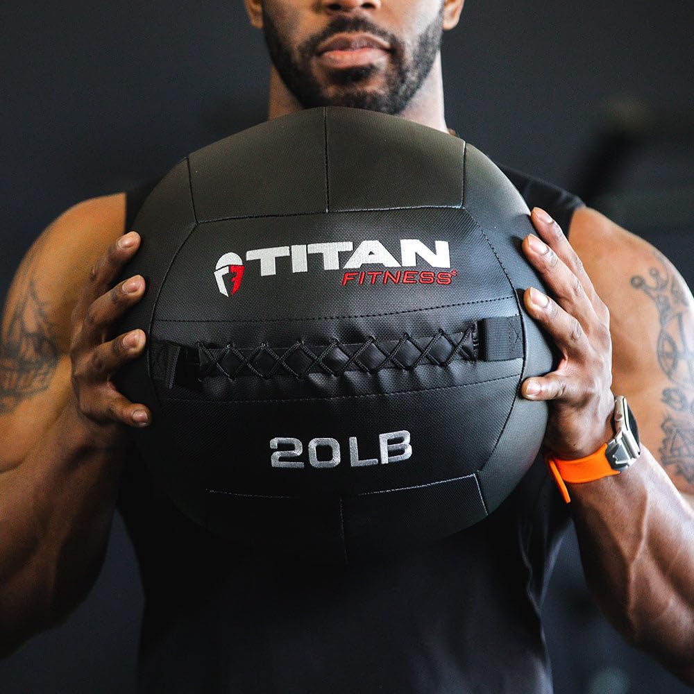 Titan Fitness 18 LB - 30 LB Soft Shell Medicine Wall Ball with Poly-Composite Laminate Cross Texture Non-Slip Grip for Throwing, Core Strength, Floor Exercises, Stretching