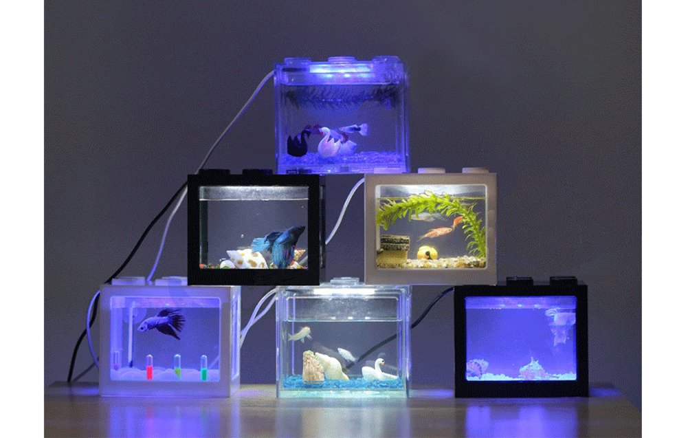 OMEM USB Mini Fish Tank, Desktop Micro-Landscape LED Aquarium Kit, Building Blocks Superimposed Fish Tank