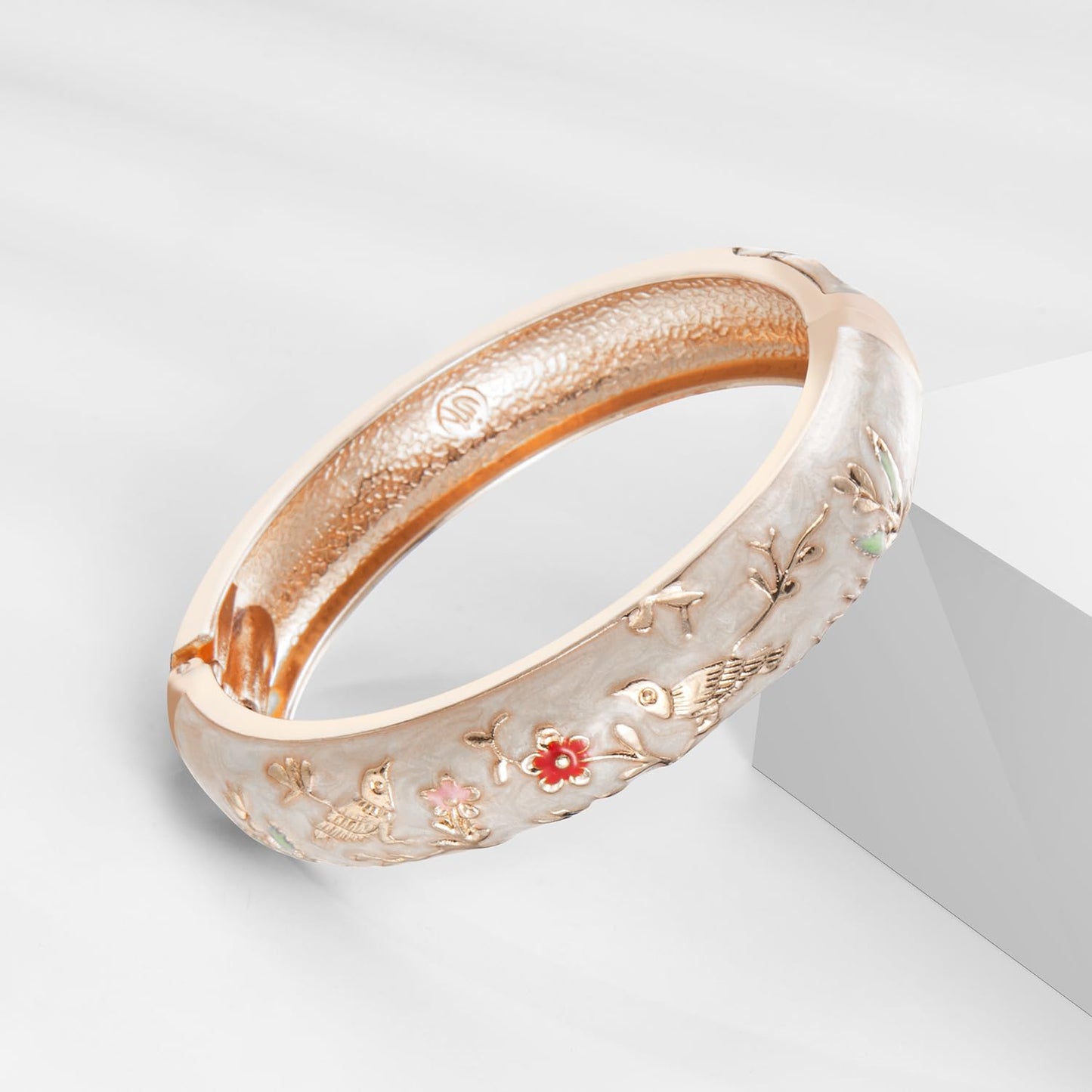 UJOY Colors Handcraft Jewelry Cloisonne Bracelet Enamel Bird Spring Hinged Womens Bangles Gifts Box 55C49 Cream White