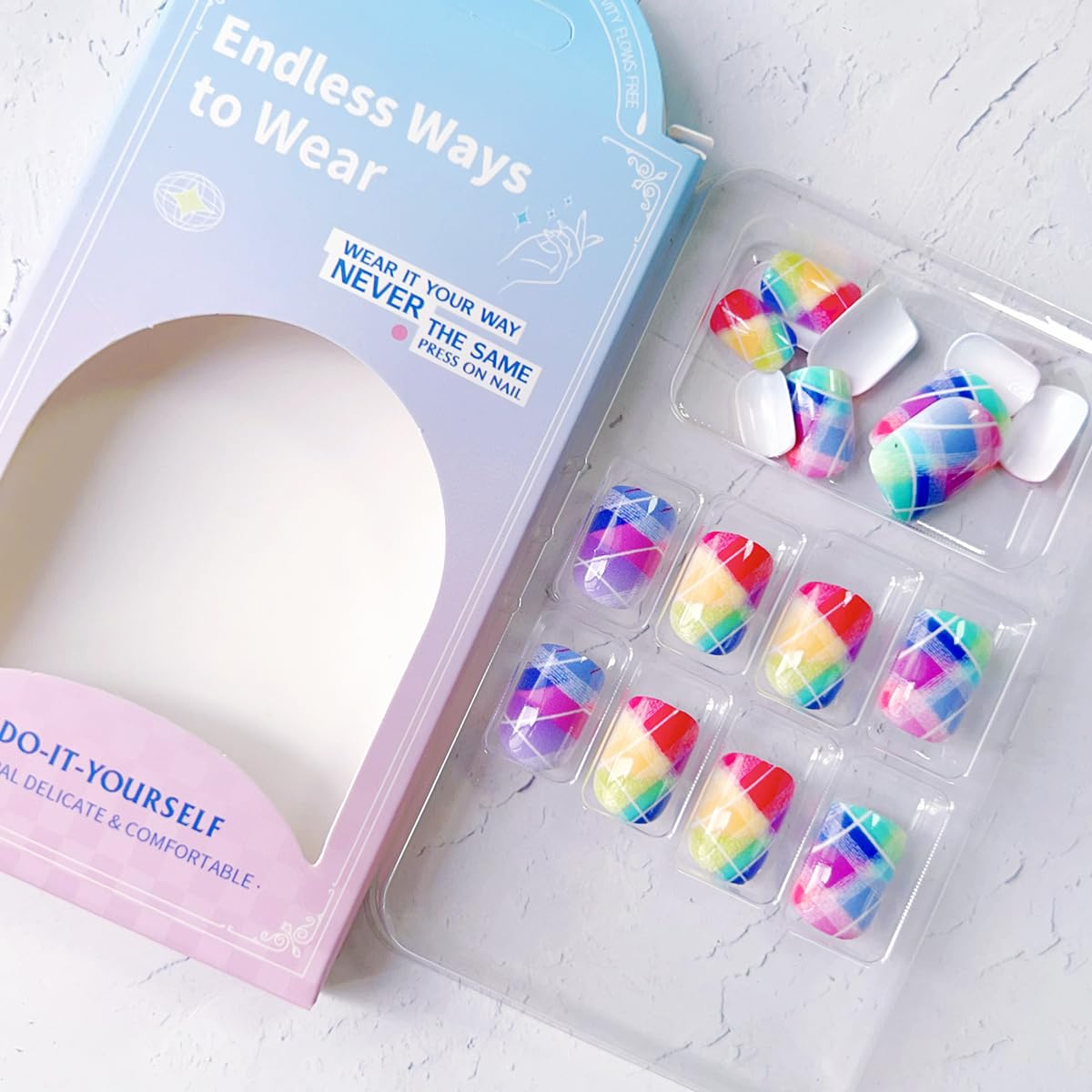 Press on Nails Short Square Colorful Fake Nails with Designs Summer False Nail Short Square Nails Press ons Fingernails Full Cover Artificial Acrylic Stick on Nail for Women 24PCS