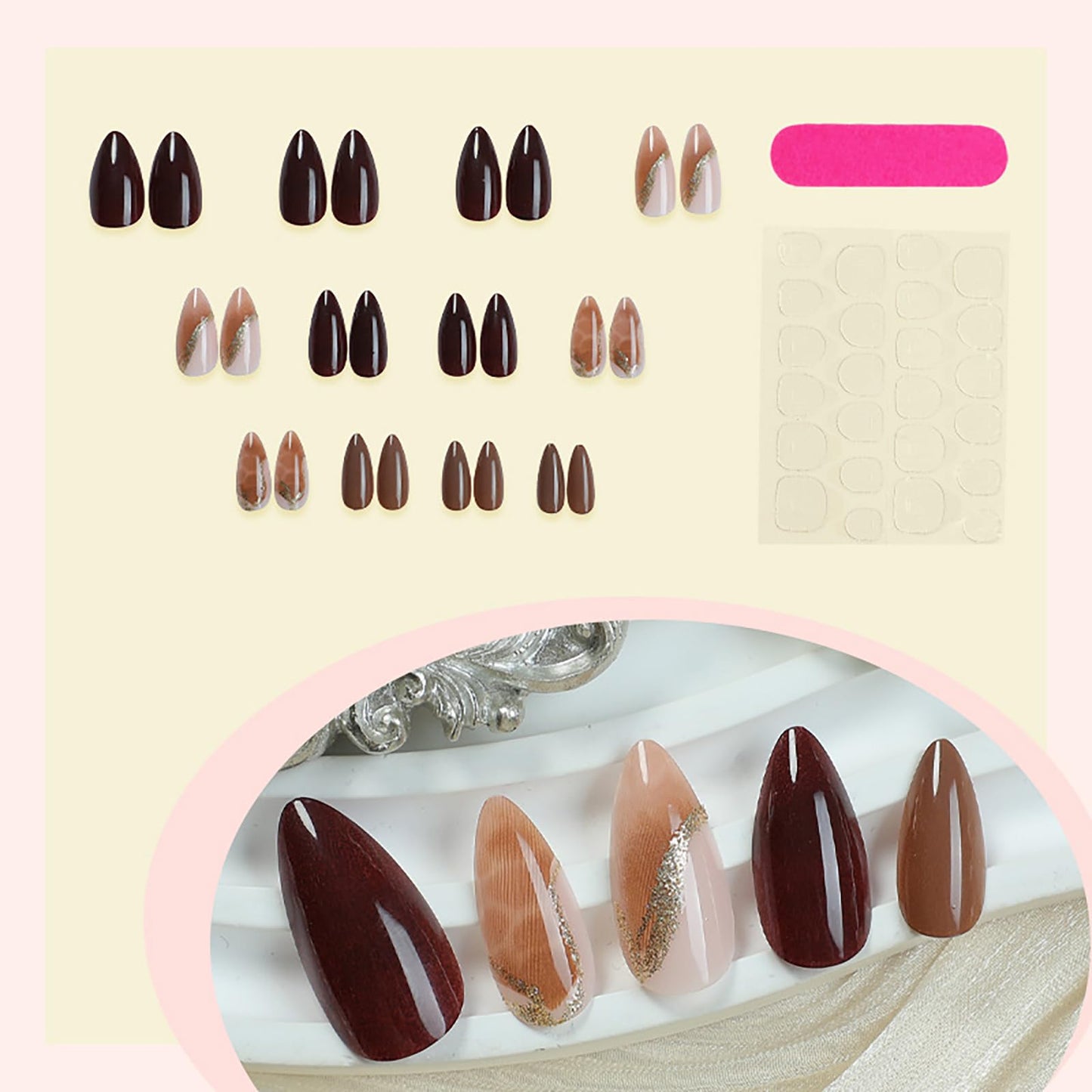 Medium Almond Press on Nails With Designs Gold Glitter Gradient Pink Fake Nails Fall Nails Press ons Acrylic Nails Brown False Artificial Full Cover Stick on Nails for Women Girls 24 Pcs