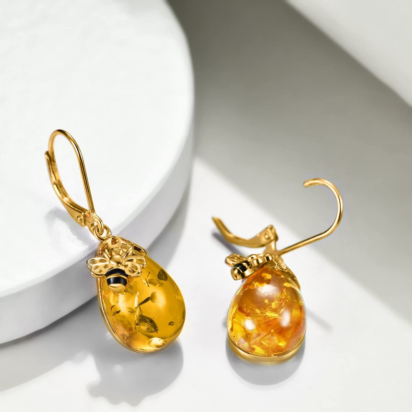 TIGER RIDER Bee 925 Sterling Silver French Clasp Earrings Amber Pendant Jewelry Gift for Women