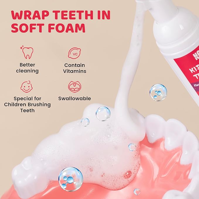NOHOO Fluoride Free Foam Toothpaste Kids Fruit Flavour,Natural Training Toothpaste for Baby Toddler Children Oral Cleaning and Cavity Protection Strawberry Orange Peach Watermelon