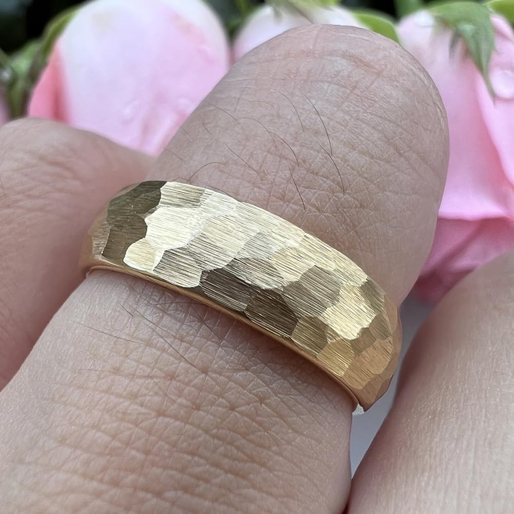TUTISS 6mm Gold Hammered Tungsten Rings for Men Women Engagement Wedding Bands Domed Matte Finish Comfort Fit Size 7