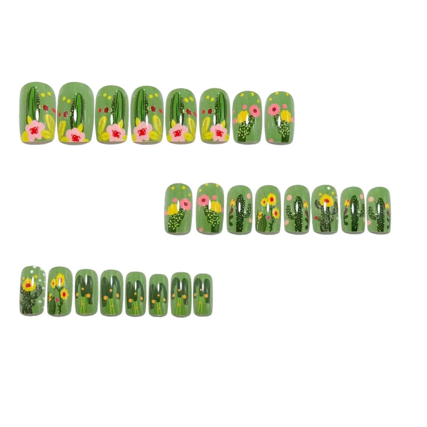 Short Rectangle Press on Nails Light Mint Green Base Dark Green Cactus Motifs Pink Stick on Nails Yellow Flower Glitter Dots Manicure Artificial Nails Suitable for Cute Fresh Unique Charming 24 Pcs