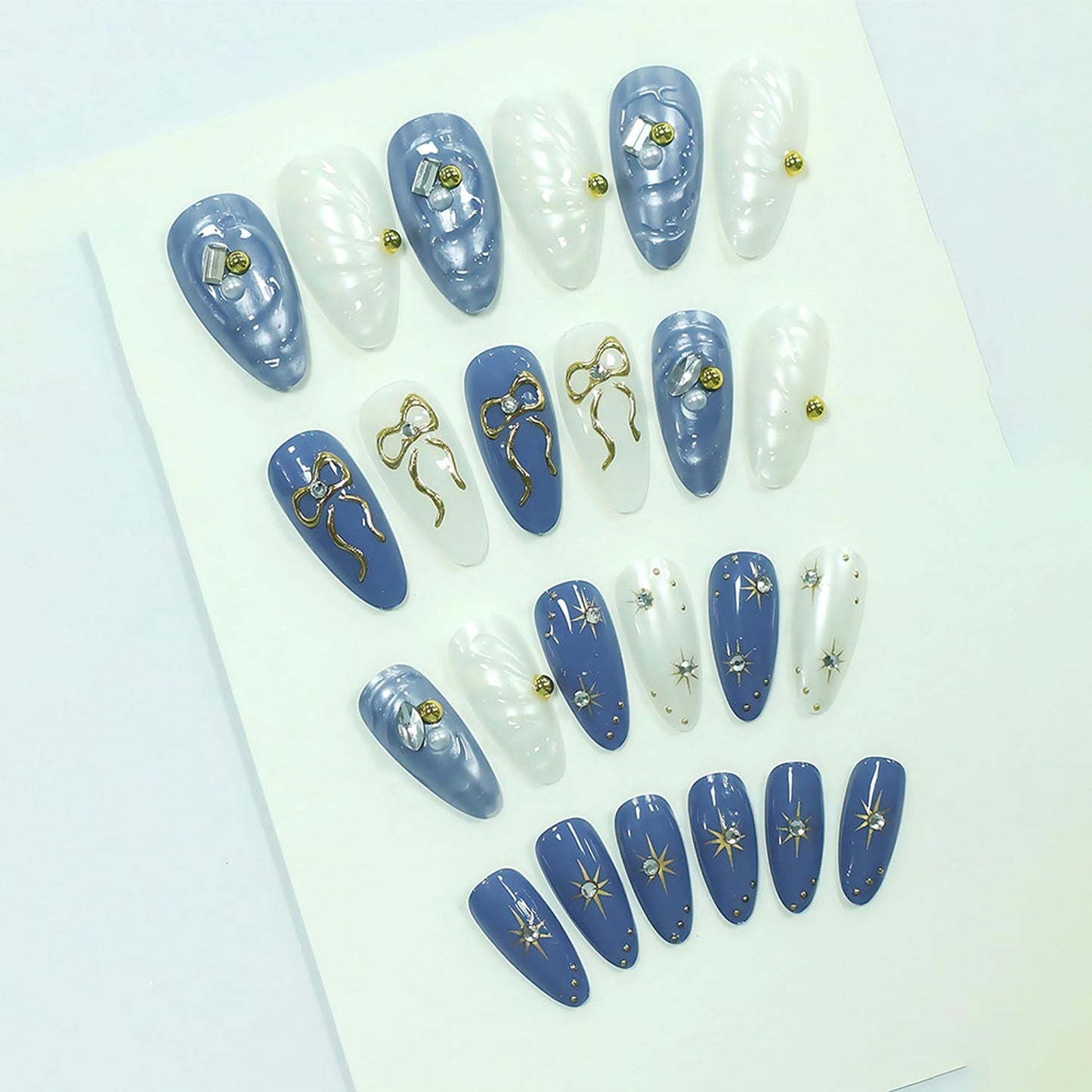 24Pcs Handmade Press on Nails Medium Almond French Tip Fake Nail with Bow Star Gilding Design Blue False Nails Full Cover Artificial Acrylic Rhinestones Nails Sparkling Stick on Nails for Women