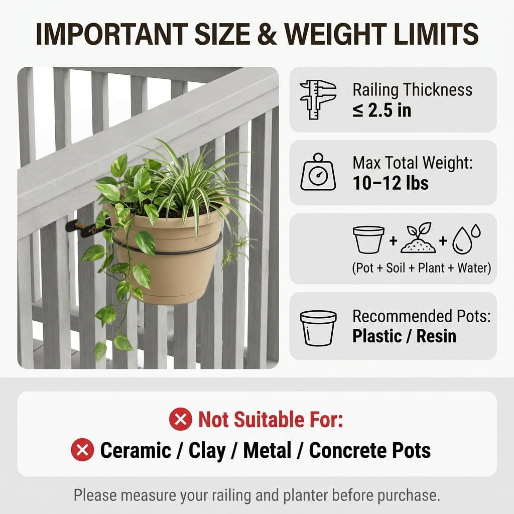 Vercome Hanging Flower Pots Holder-Deck Railing Plant Container Holder for Round Pot Planters (6") Hanging Bucket Flower Pot Holder for Patio Balcony Outdoor Plants 2 Pack