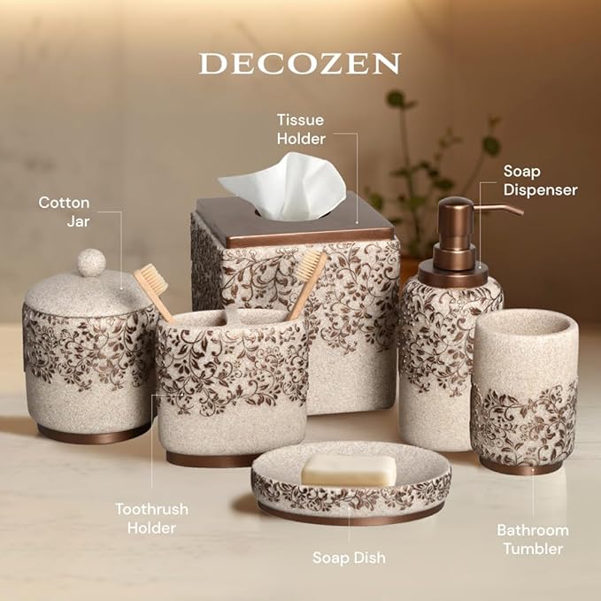 Decozen Bathroom Accessories Set - 6-Piece Modern Bathroom Decor, Countertop Essentials with Soap Dispenser - Birthday Gifts, Beige