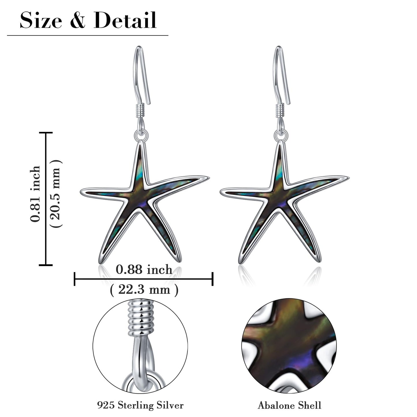 SHAOAN 925 Sterling Silver Starfish Dangle Drop Earrings Abalone Shell Earring Sea Ocean Jewelry Gifts for Women