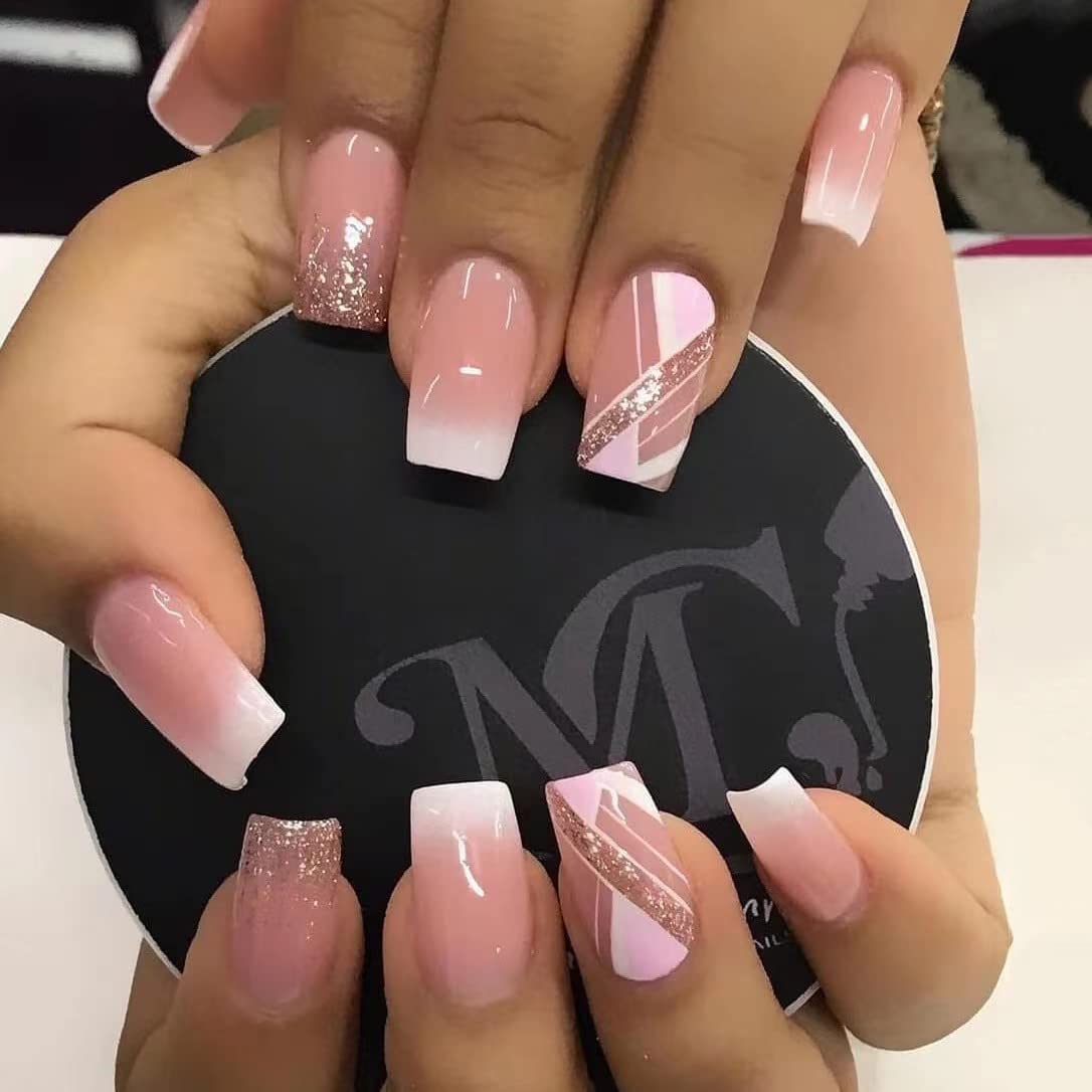 Medium Press on Nails Square French Fake Nails Full Cover Colorful Acrylic False Nails for Women and Girls 96PCS