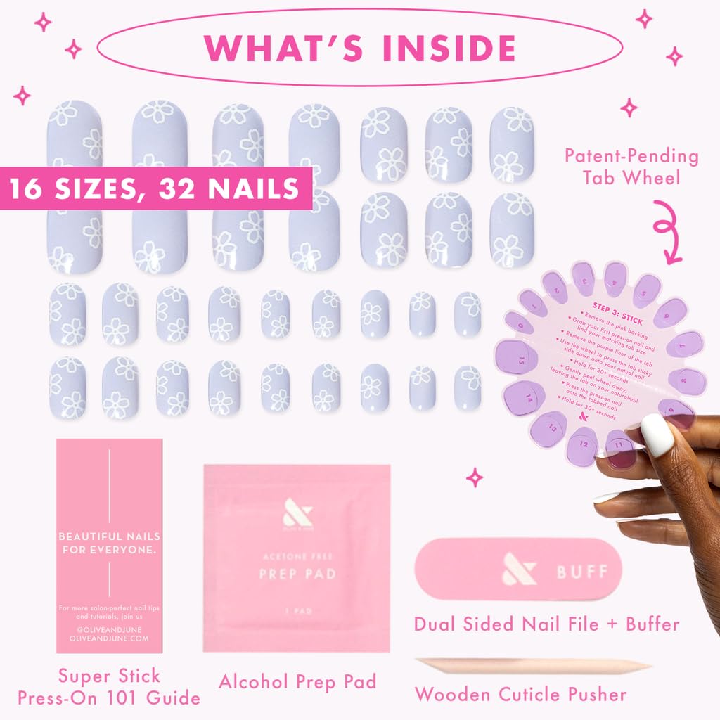 Olive & June Classic Super Stick Mani Press On Nails | No Glue Needed | 32 Tab Nails 16 Sizes | Non-Toxic Tabs Non-Damaging 7-Day Wear | Spring Flowers & Patterns | Short, Round | Floral Doodle