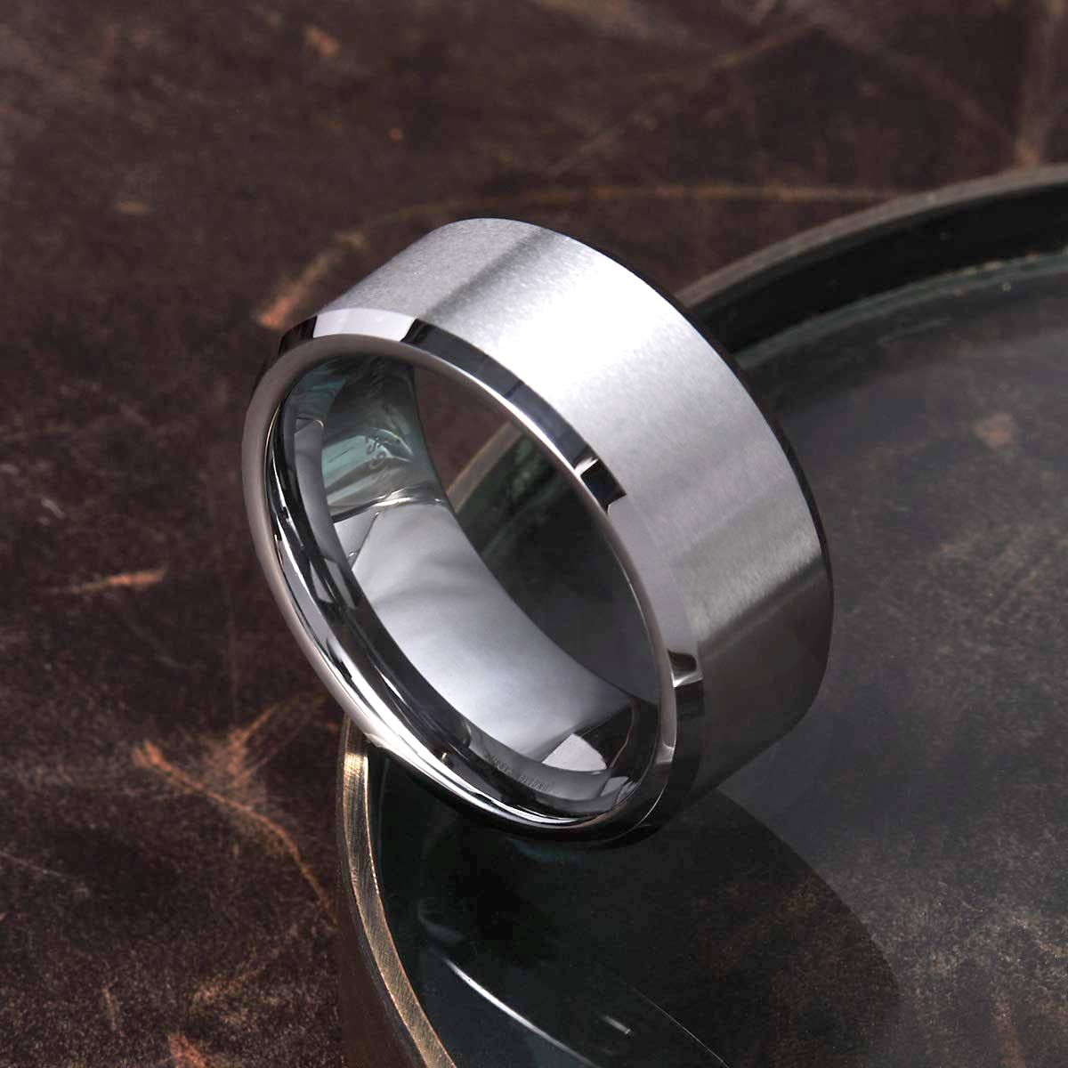 King Will 8mm Men's Silver Wedding Ring - Brushed Matte Surface, Beveled Polished Edge, Comfort Fit Size 7