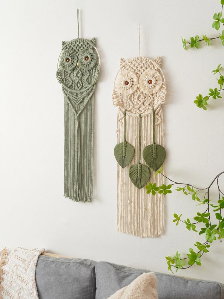 Tissting Cotton Macrame Owl Wall Art - Hand-Woven Boho Decor for Bedroom, Living Room Nursery with Easy Hanging, Housewarming Gift