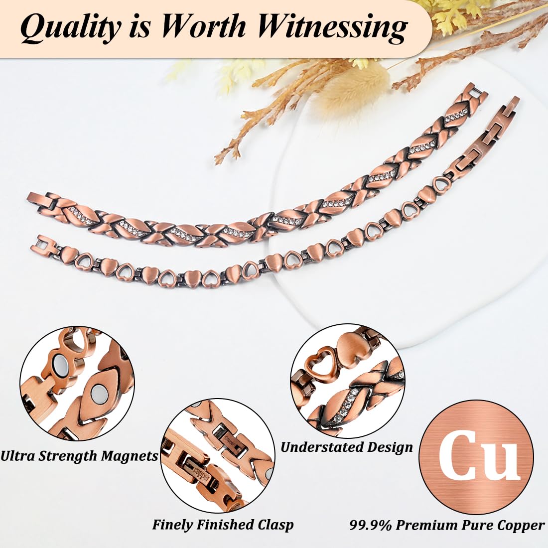 Vicmag Copper Magnetic Bracelet for Women Magnets Brazaletes 99.9% Solid Pure Copper Jewelry Gift for Her (Adjustable Size with Gift Box) (2PCS Love Heart)