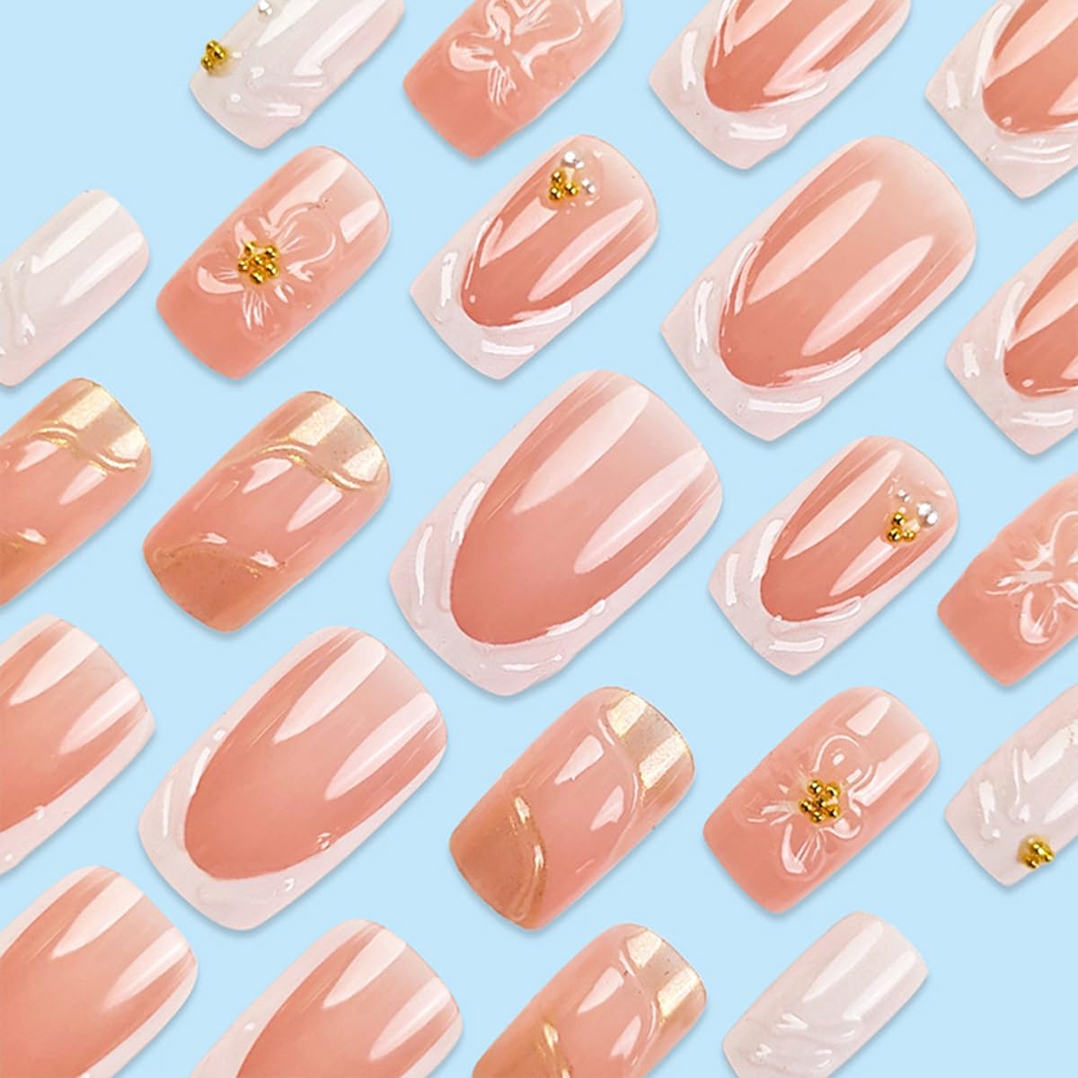 Flower Press on False Nails French Tip Fake Nails Medium Square Glue on Nails with Gold Striped Pearl Designs Glossy Press ons Stick on Nail for Women Manicure 24Pcs