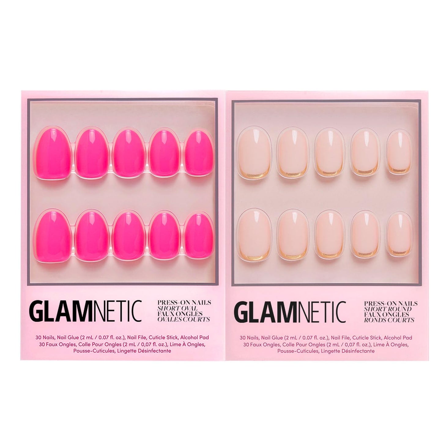 Glamnetic Press-On Nails Bundle - Hot Pink & Goal Digger | Neon Pink Short Oval Fake Nails | Natural Short Round False Nails with Gold Foil | Reusable, Salon-Quality Nail Kits