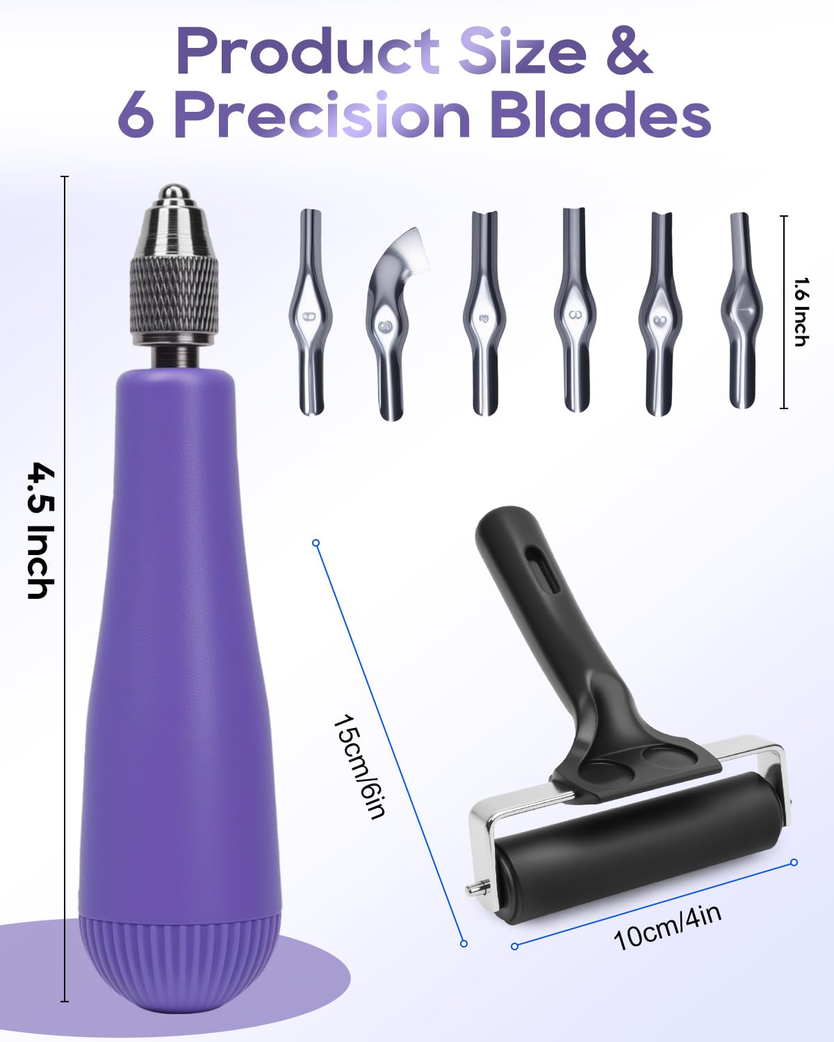 UCEC Linocut Carving Tools Linoleum Cutter Assortment for Block Printing Lino Cutting Tools for DIY Rubber Stamp Carving Kit & Beginners 6 Blades Universal Size Purple With A Brayer Roller(4 Inch)