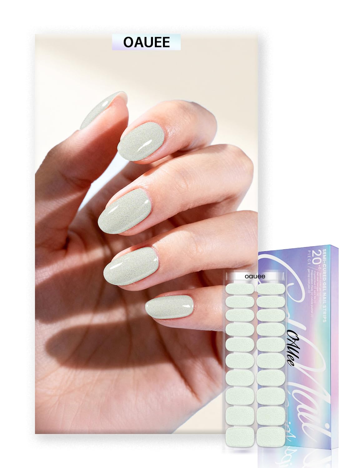 Oauee Semi Cured Gel Nail Strips | Built-In Gel Top Coat | UV Light Required | Salon Quality, Easy Application And Removal (Ivory Satin