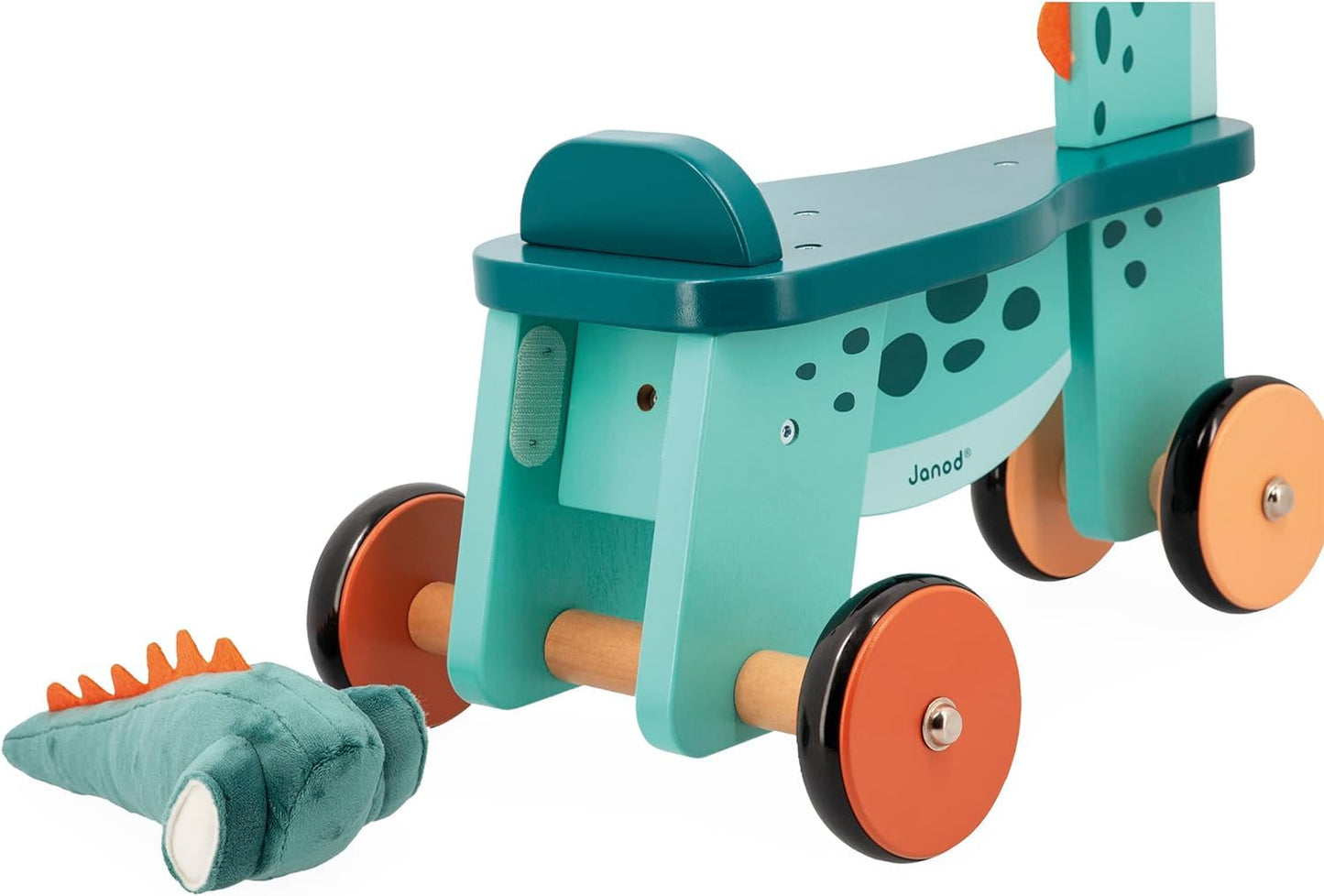 Janod Dino - Ride-On Wooden Dinosaur ‘Portosaurus’ - 18.5” Tall Adorable Scooting Toy with Steerable Front Wheels - Includes Plush Tail - Ages 12 Months- 4 Years - J05828
