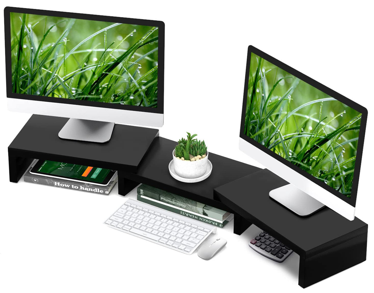 TAVR Dual Monitor Stand Riser Office Desktop Organizer Stand for 2 Monitors, Adjustable Length and Angle 3 Shelf, Extra Long Multifunctional Stand up to 43.3" fit Computer, Laptop, TV, Black