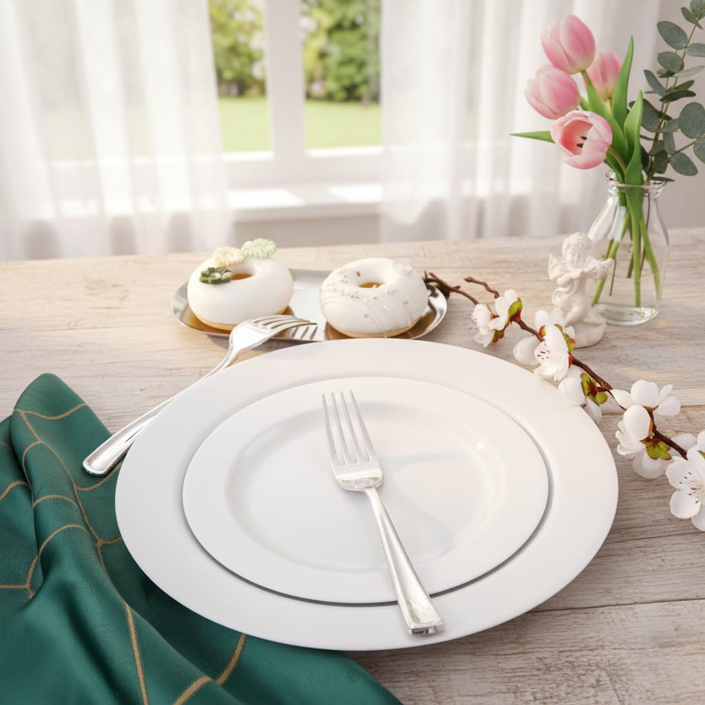 FLOWERCAT 60PCS White Plastic Plates - Heavy Duty White Disposable Plates for Mother's Day/Birthday Party/Wedding -serve for 30 guests Include 30PCS 10.25" & 30PCS 7.5" Plates for Party