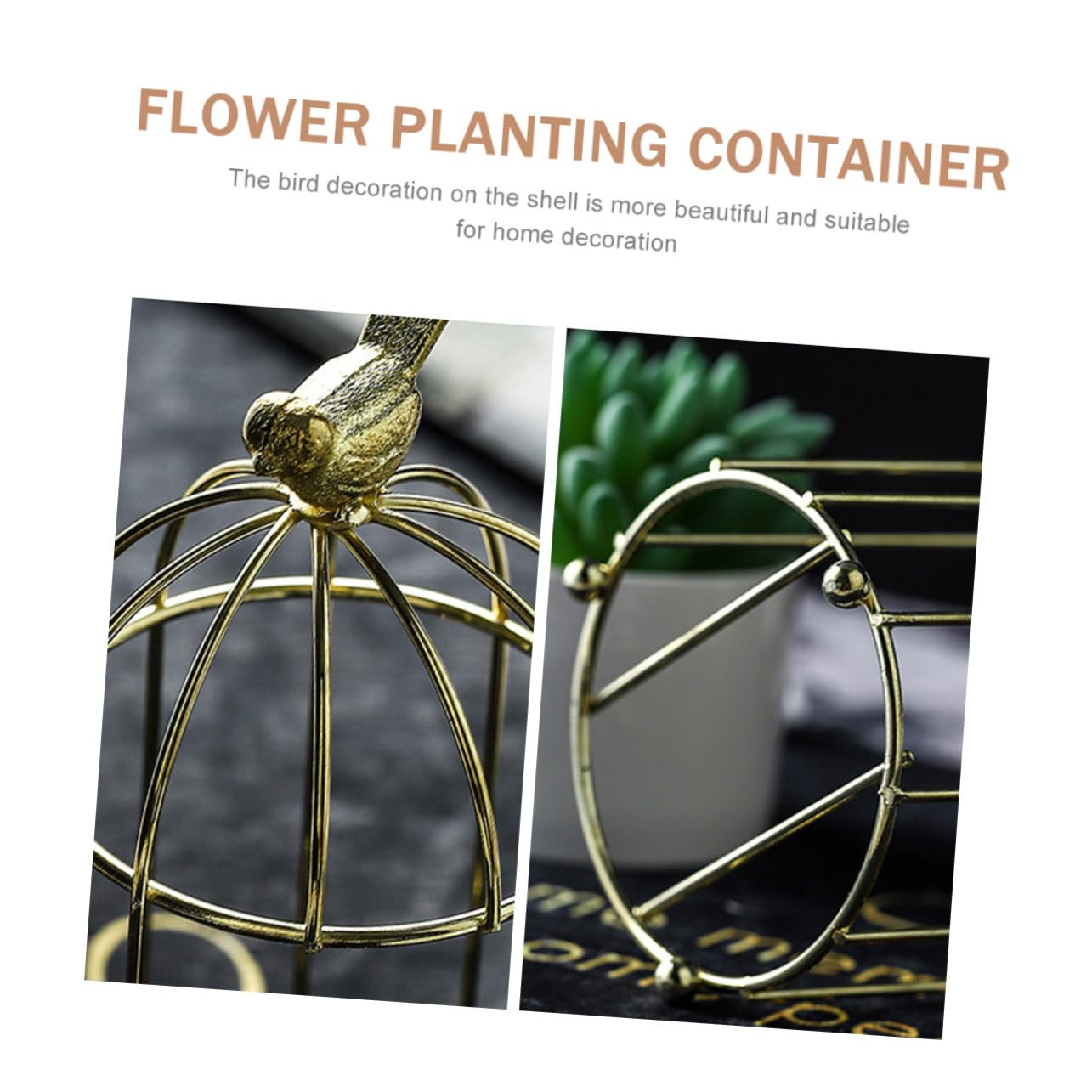 CAXUSD Decorative Iron Rack Flowerpot with Ceramic Planter Gold Plated Birdcage Style Stand Indoor Outdoor Gardening Container for Balcony and Home Plant Display