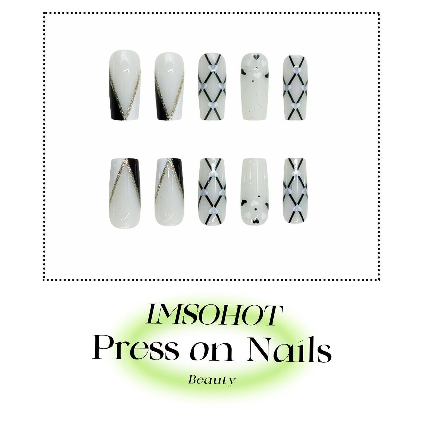 IMSOHOT Press on Nails Long Square Fake Nails with Heart, Golden Glitter Design Black White False Nails Stick on Nails for Women Acrylic Manicure Decoration