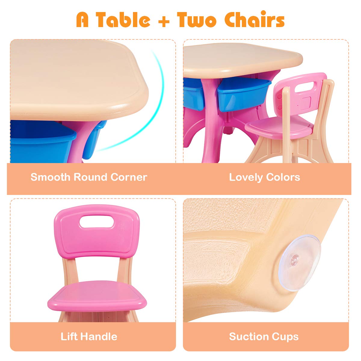 KOTEK Kids Table and Chair Set with Storage Bin, 3 Piece Activity Table Set with 2 Chairs for Toddler, Children Art Crafts Study Desk for Reading, Drawing, Painting (Pink)