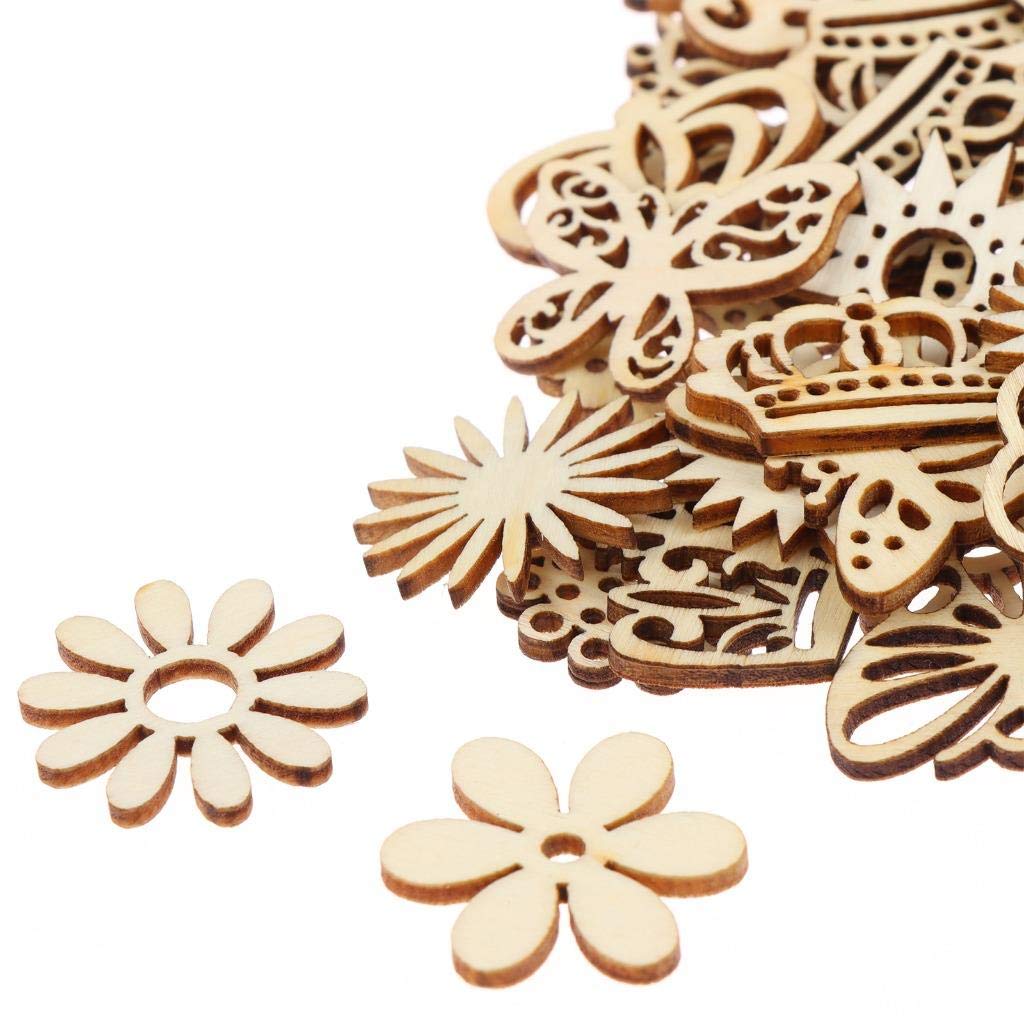 300Pcs Wooden Embellishments,Flower Butterfly Shape Wooden Cutouts Wooden Scrapbooking DIY Handmade Crafts Children Graffiti Home Decor Wooden Crown Pieces Discs Wood Slice Ornament Manual Accessories