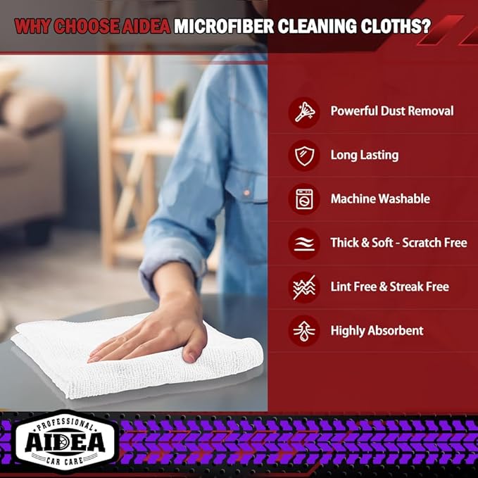 AIDEA Microfiber Cleaning Cloth White 150PK, Microfiber Towels for Cars, Premium Car Cloth, Dusting Cloths Lint Free Cleaning Rags for SUVs, House, Kitchen, Window, Workshops,12×12"
