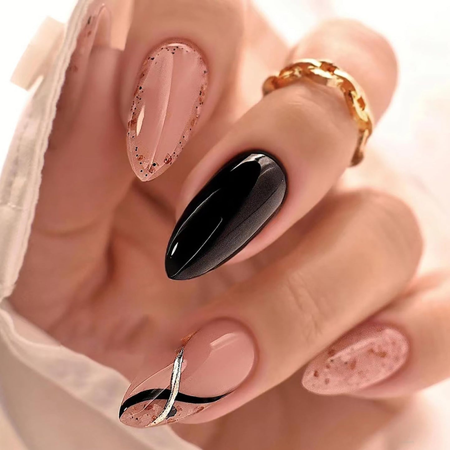 Medium Almond Press on Nails With Designs Nude Pink White Fake Nails Press ons Acrylic False Glossy Artificial Full Cover Stick on Nails for Women Girls 24 Pcs