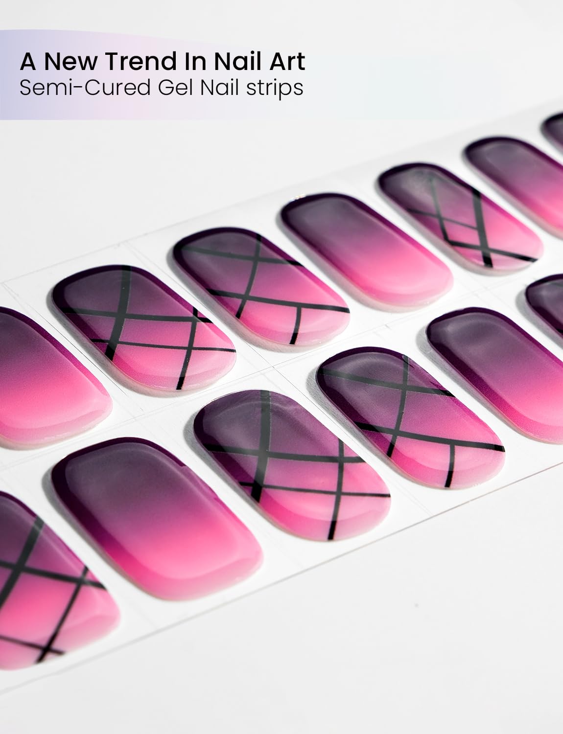 Oauee Semi Cured Gel Nail Strips | Built-In Gel Top Coat | UV Light Required | Salon Quality, Easy Application And Removal (Ethereal Purple Grid）