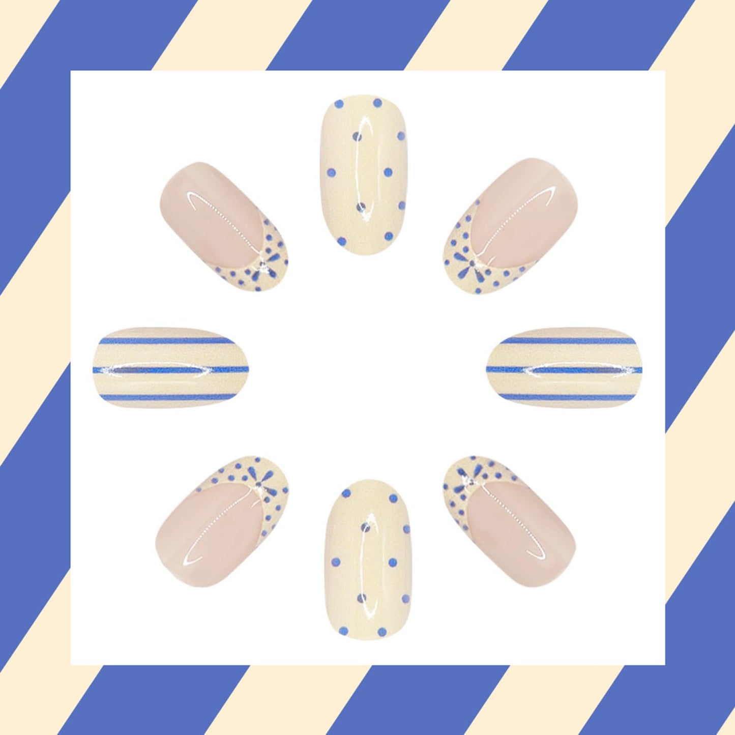 White French Tip Press on Nails Short Almond Fake Nails witn Blue Polka Dot Stripe Design Spring Summer False Nails Press ons Glossy Full Cover Glue on Nails for Women Girls Manicure Decorations