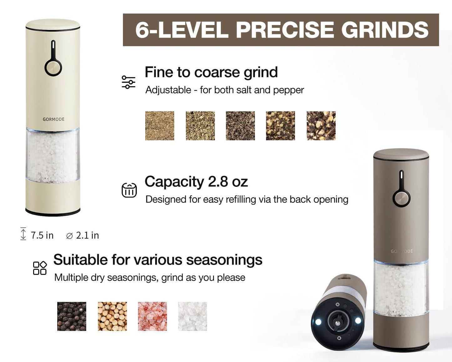 Stainless Steel Rechargeable Electric Salt and Pepper Grinder Set – USB Charging, One-Hand Electric Mill, Adjustable Coarseness, LED Light & Dust Cover –2pack(Greige & Buttercream)