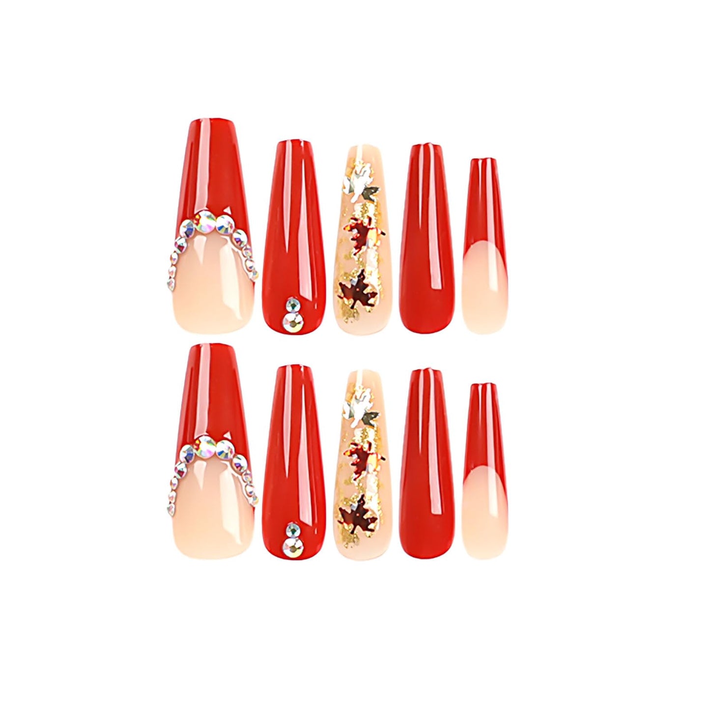 RTKHFZE Fall Press on Nails Long,Coffin Fake Nails with Glitter Fall Maple Leaves and Rhinestones Designs Acrylic Nails Red French Full Cover False Nails Stick on Nail for Women Manicure 24Pcs