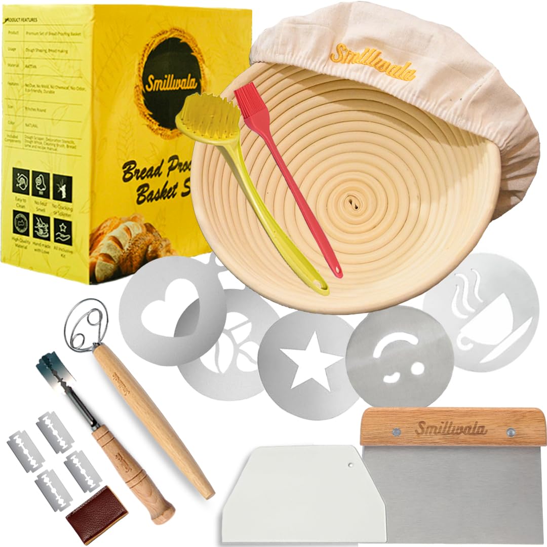 Banneton Bread Proofing Basket 9” Round with Maximum 6 Bread Making Tools and Supplies by SMILLWALA Proofing Baskets for Sourdough Bread Baking Supplies Kit, Gift for Bakers, Natural
