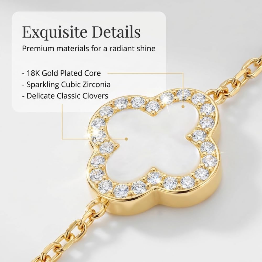 SHINYY Four Leaf Clover Bracelet for Women | 18K Gold Plated Cubic Zirconia Link Bracelet | 4 Leaf Lucky Jewelry Gift for Her (White Gold)