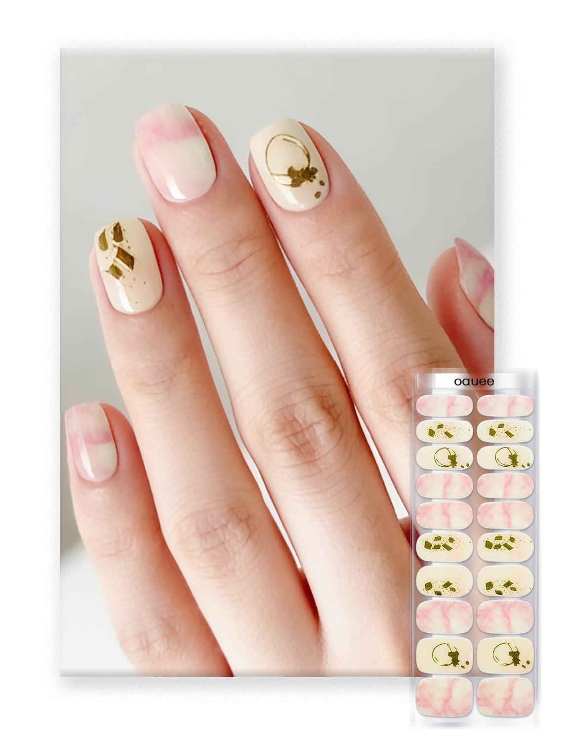 Oauee Semi Cured Gel Nail Strips | Built-In Gel Top Coat | UV Light Required | Salon Quality, Easy Application And Removal (Gilded Marble Dream）