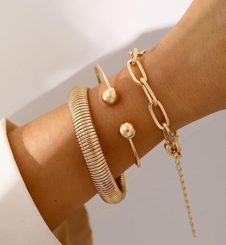 Chunky Gold Bangle Bracelets for Women, Dainty 14k Gold Plated Stackable Chain Bracelet Set, Trendy Statement Cuff Ball Bangles Stack Jewelry