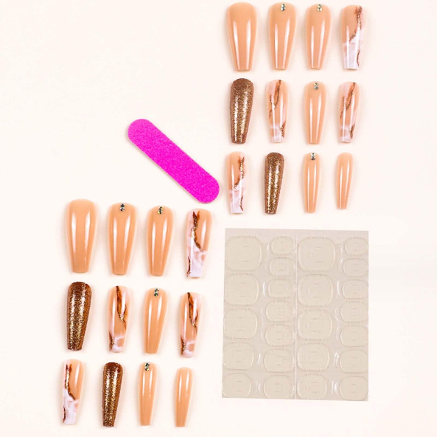 DANMANR Long Press on Nails Marble False Nails Art Full Cover Acrylic Coffin Orange Fake Nails for Women and Girls 24PCS
