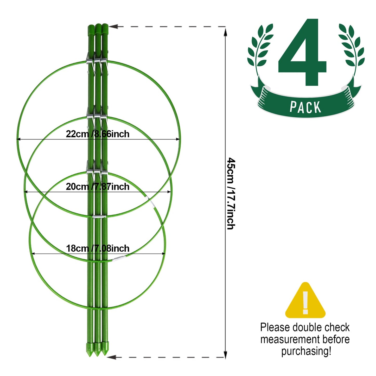 LEOBRO 4 PCS Metal Plant Cages, Tomato Cages, Metal Garden Plant Supports, Plant Trellis, Plant Stakes for Tomato, Climbing Plant, Flower, Seedlings, 17.7" High, 7.1"/7.87"/8.66" Inner Diameter